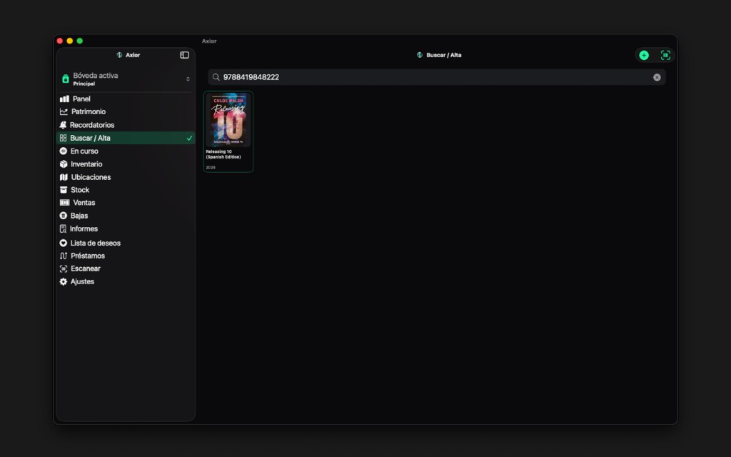Captura de Axior en Mac mostrando Buscar y alta.