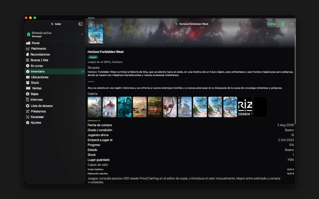 Captura de Axior en Mac mostrando Ficha con galería.