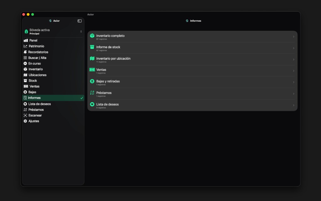 Captura de Axior en Mac mostrando Garantías y préstamos bajo control.