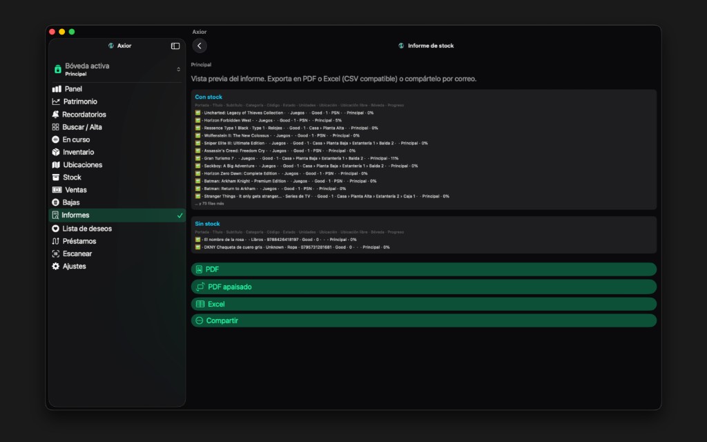 Captura de Axior en Mac mostrando Informe de inventario.