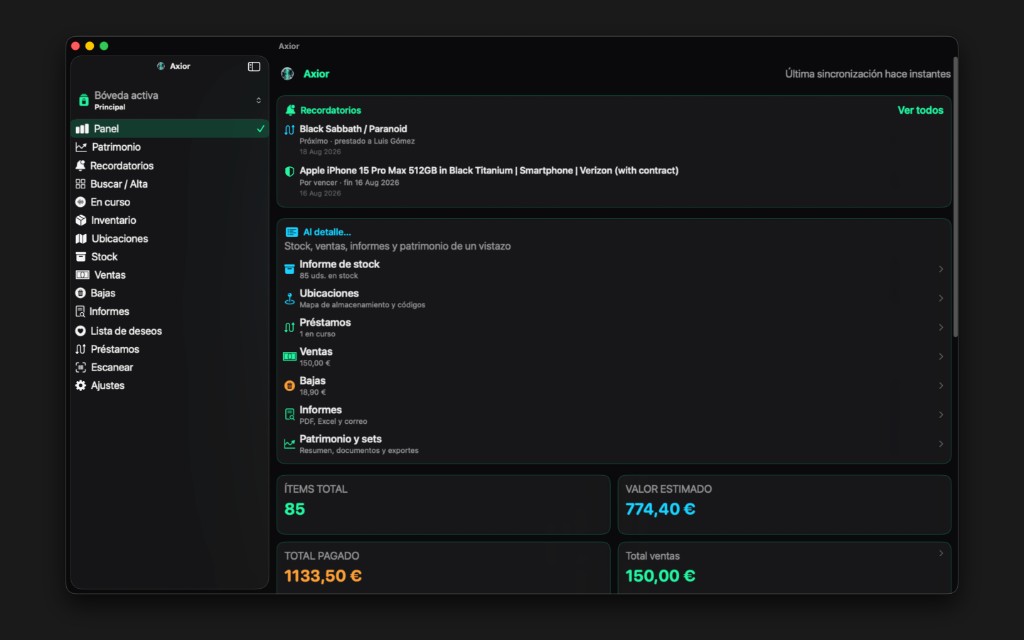 Captura de Axior en Mac mostrando Panel de inicio.