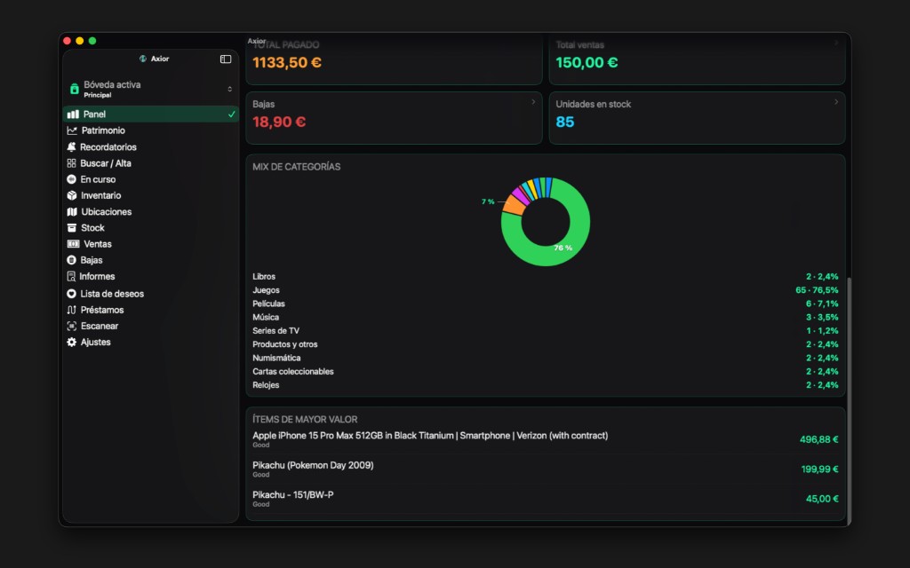 Captura de Axior en Mac mostrando Mix de categorías.
