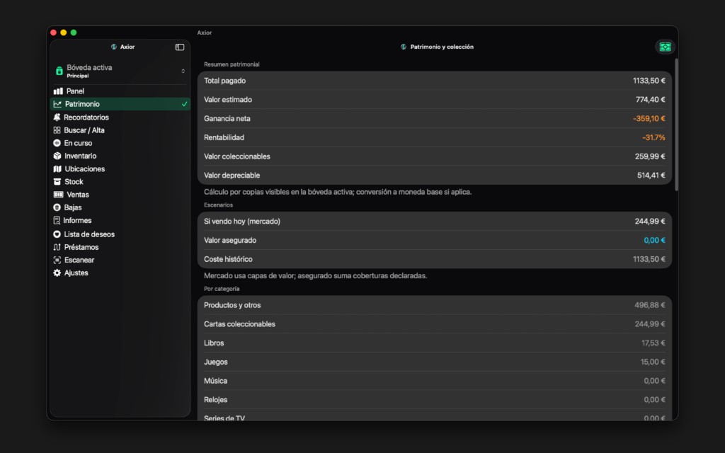 Captura de Axior en Mac mostrando Resumen patrimonial.