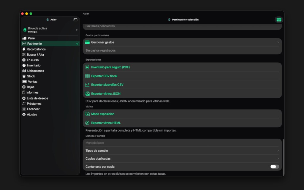 Captura de Axior en Mac mostrando Exportaciones.